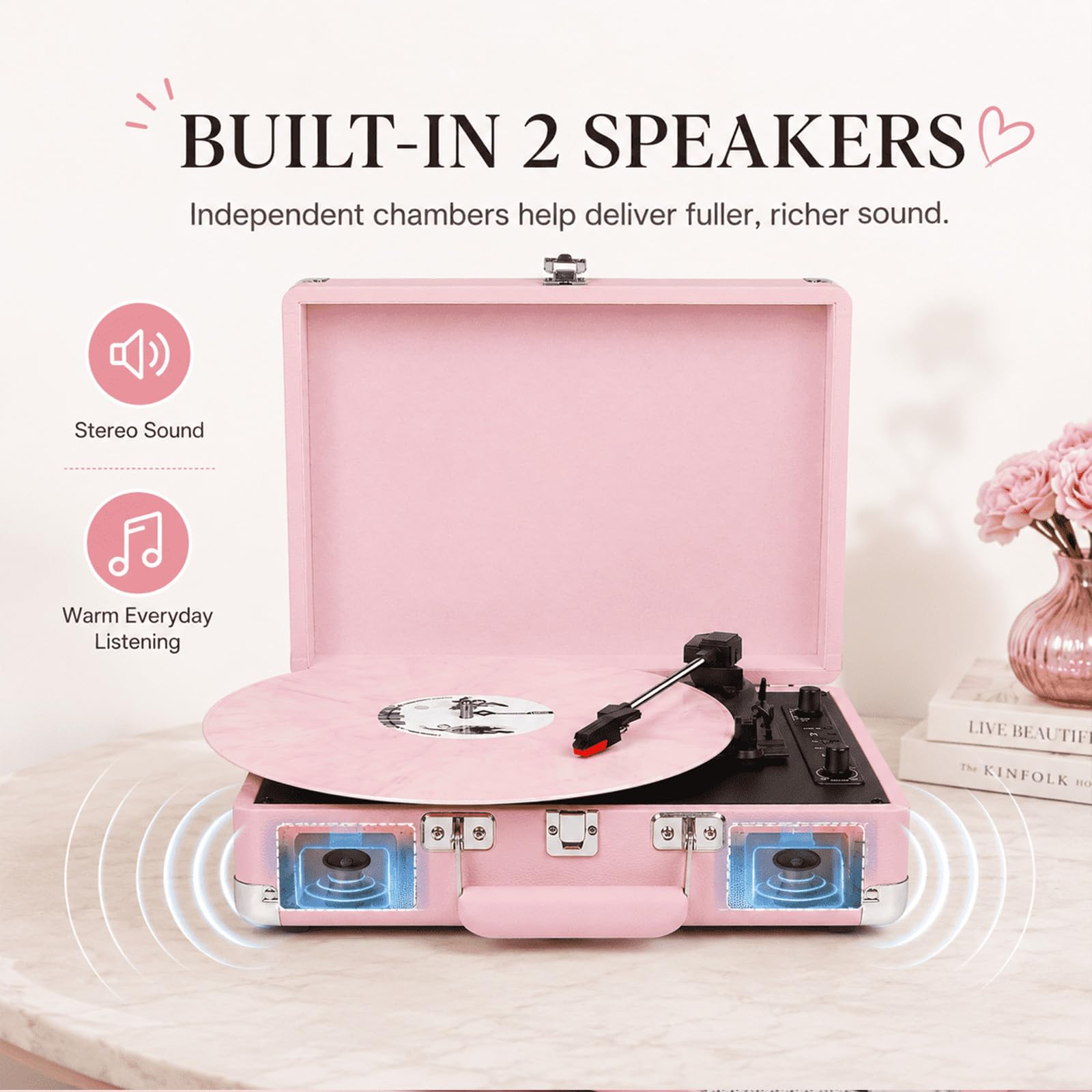 Schallplattenspieler 3-Gang-Bluetooth-Koffer-Plattenspieler mit eingebauten Stereo-Lautsprechern, USB-Aufnahme, tragbarer riemengetriebener LP-Player mit Cinch-AUX-Kopfhöreranschluss, Auto-Stop