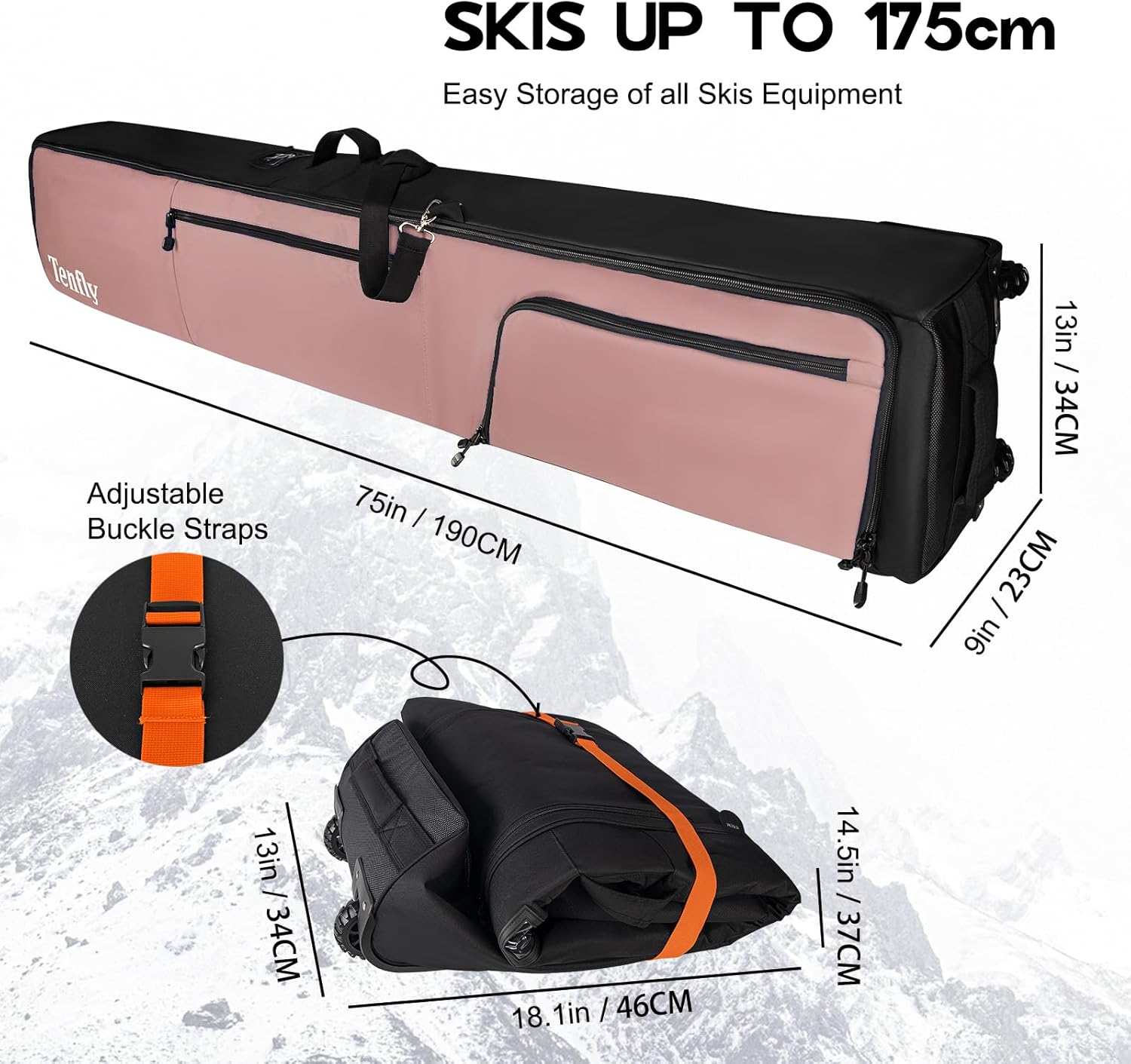 wheeled ski bag for air travel, padded waterproof ski gear bag fits 2 pairs skis, adjustable length 156-200cm, foldable flesh pink 175