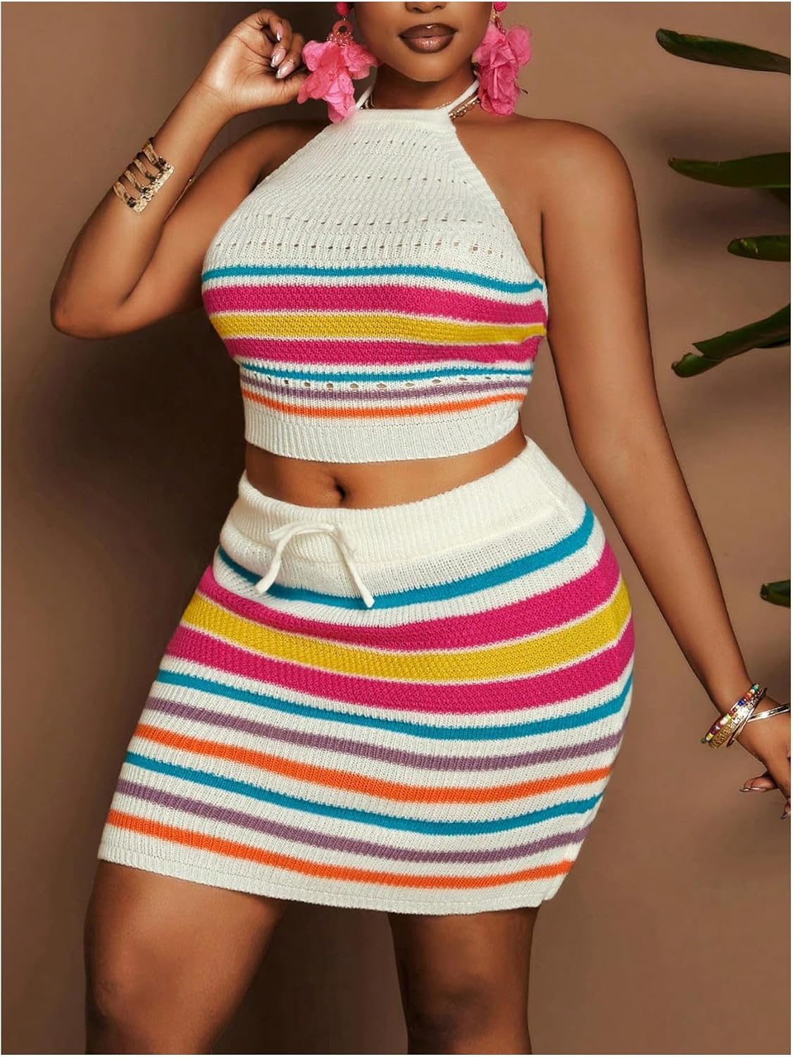 SOLY HUX Women's Plus Size Summer Outfits 2 Piece Striped Knitted Halter Crop Tops and Bodycon Mini Skirt Vacation Set - Image 3