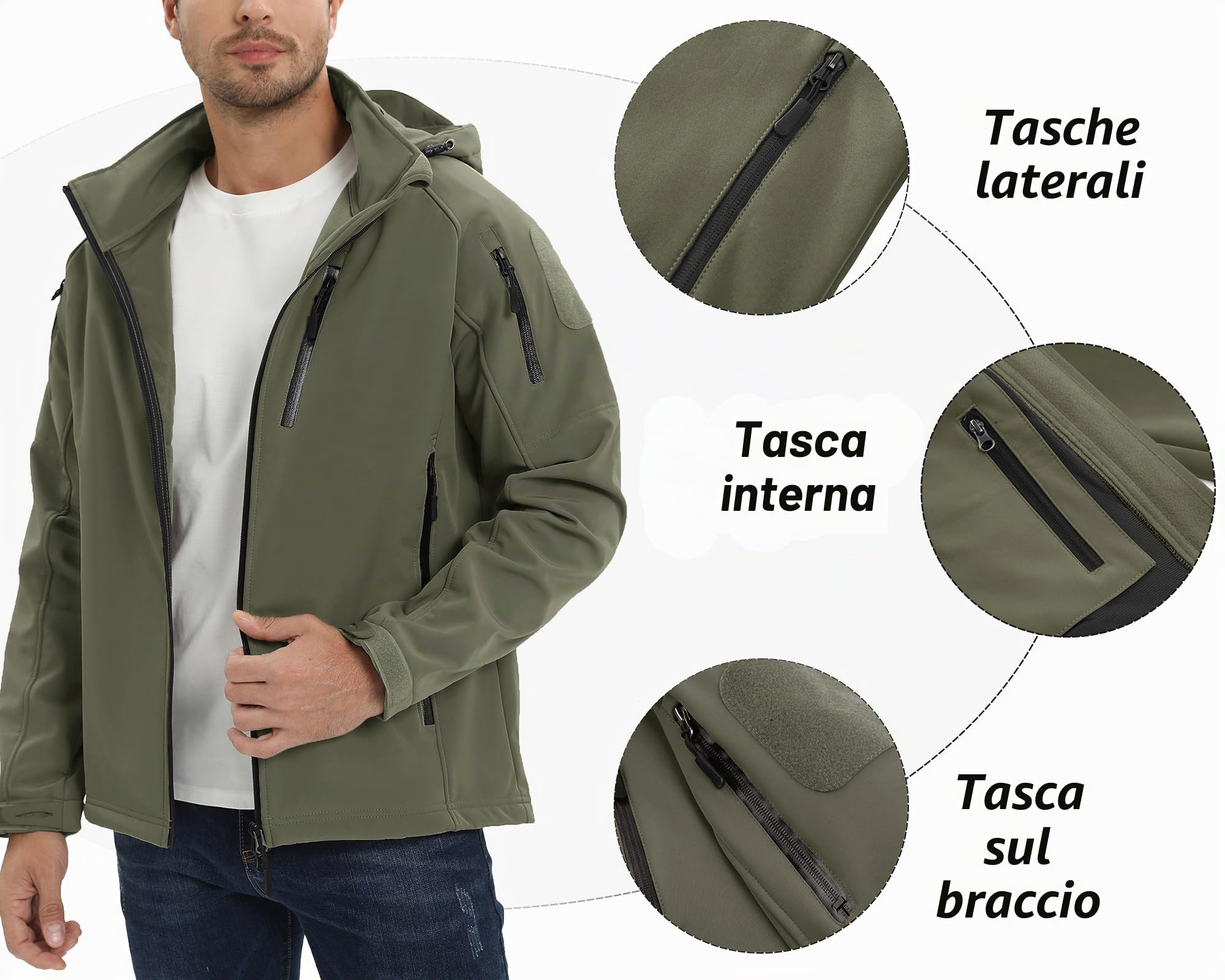 TACVASEN Giacca impermeabile in softshell con cappuccio e tasche multi cerniera per uomo