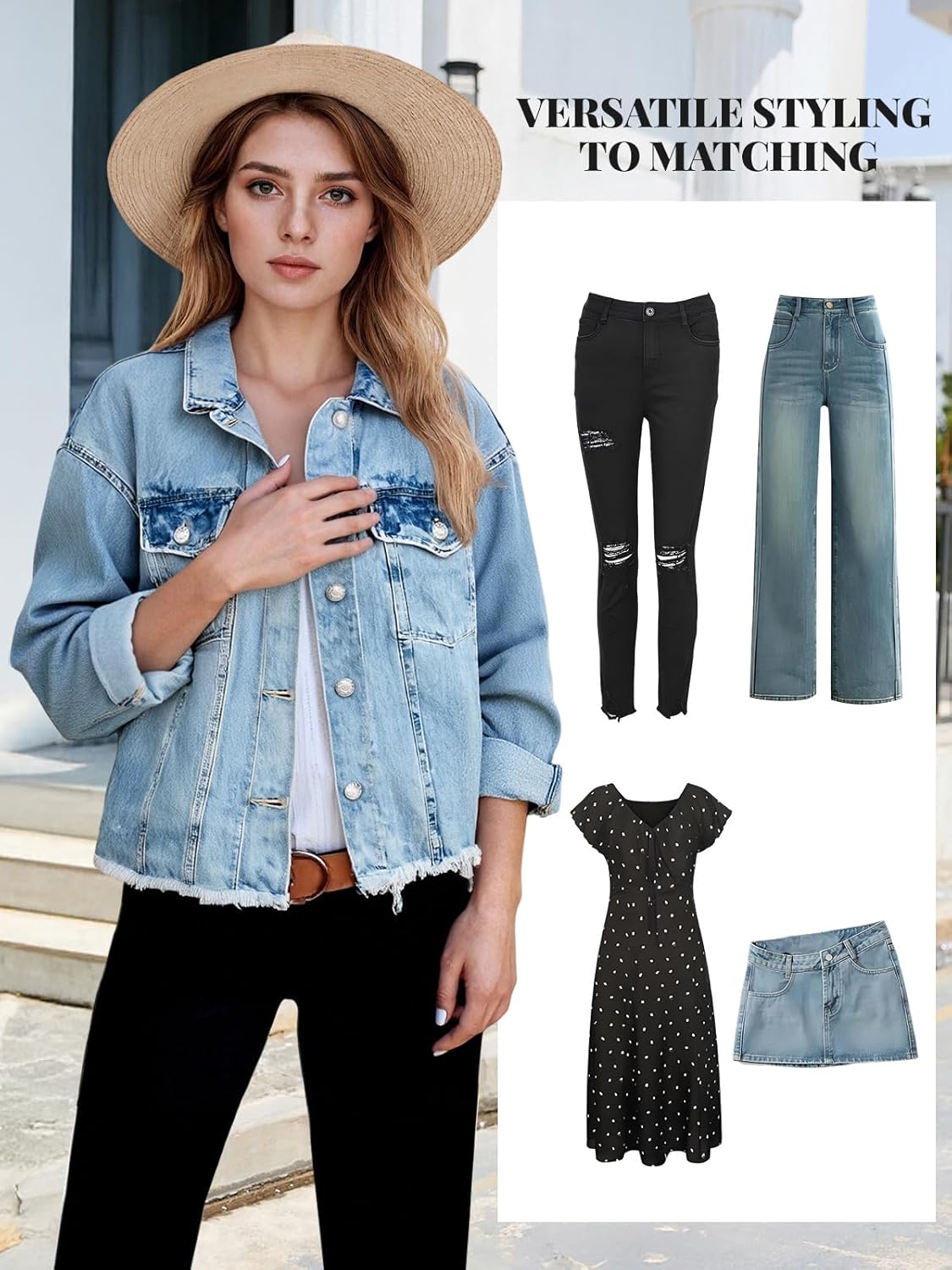 Women's Denim Jackets Cropped Button Up Frayed Hem Jean Jacket with Pockets Trendy Light Blue Jean Coat - Image 2