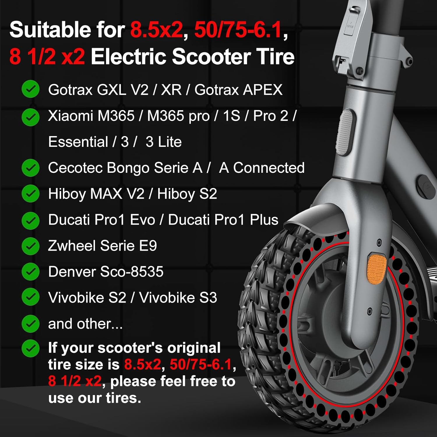 BANGTING 2PCS Upgrade 50/75-6.1 Electric Scooter Solid Tires, 8.5x2.0 Tires Tubeless for Gotrax GXL V2/XR/APEX, 8 1/2 x2 Tire Replacement for Hiboy S2, Xiaomi 3 Lite/3/Pro 2/1s/M365 (Red (No tools))
