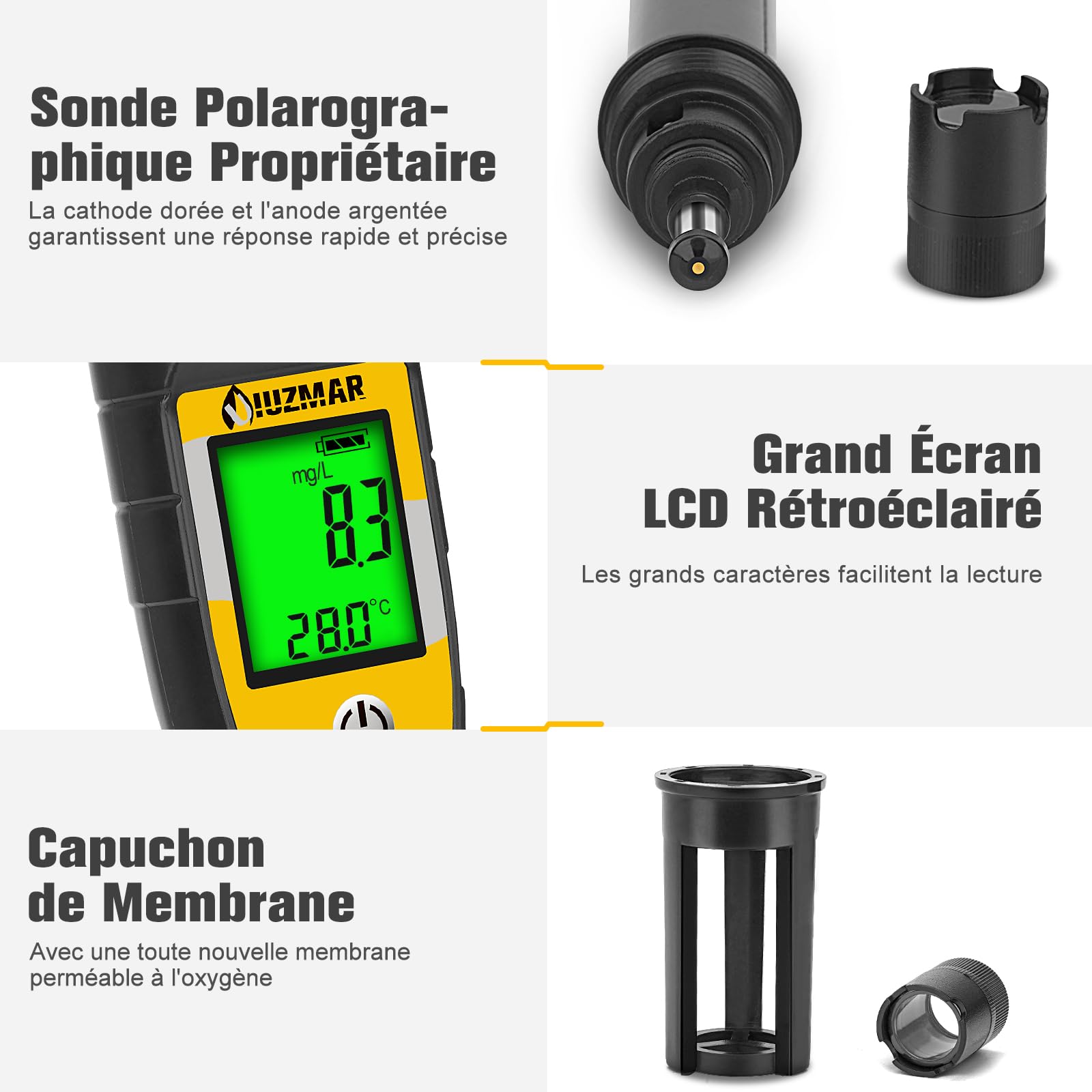 UIUZMAR Testeur D'oxygène Dissous Portable - Kit de Test D'oxygène Dissous avec Électrode de 3,6 Pieds - Pour Bassins, Aquariums, Aquaculture avec Plage de Mesure 0,0-40,0 mg/L