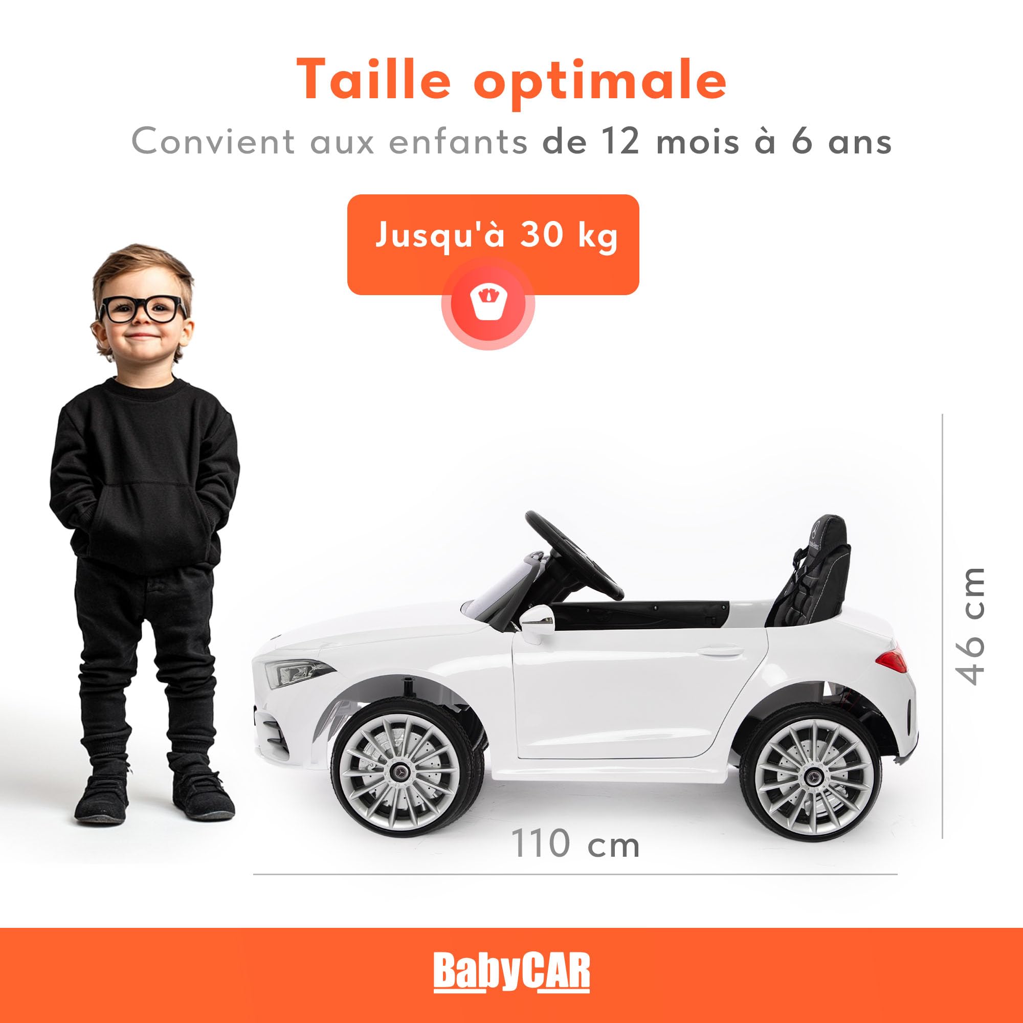 BabyCar Mercedes CLS 350 AMG | Véhicule Electrique 12V avec 2 Moteurs 25W | Voiture pour Enfant avec Télécommande, Siège en Simili Cuir, Portes Ouvrantes, MP3/USB | Mercedes Officiel | Blanc