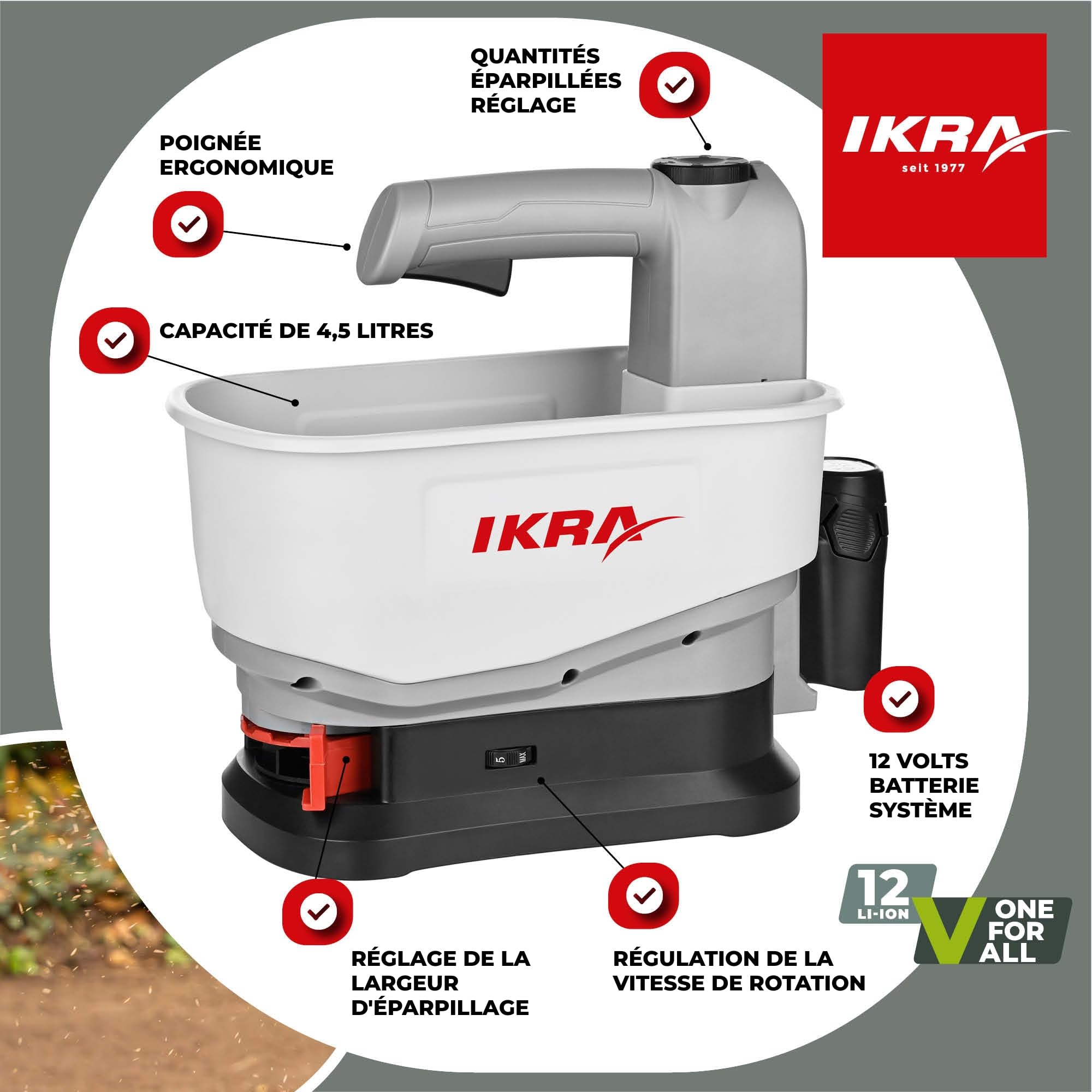 IKRA épandeur IAST 12, largeur d'épandage 5 m, batterie & chargeur incl.