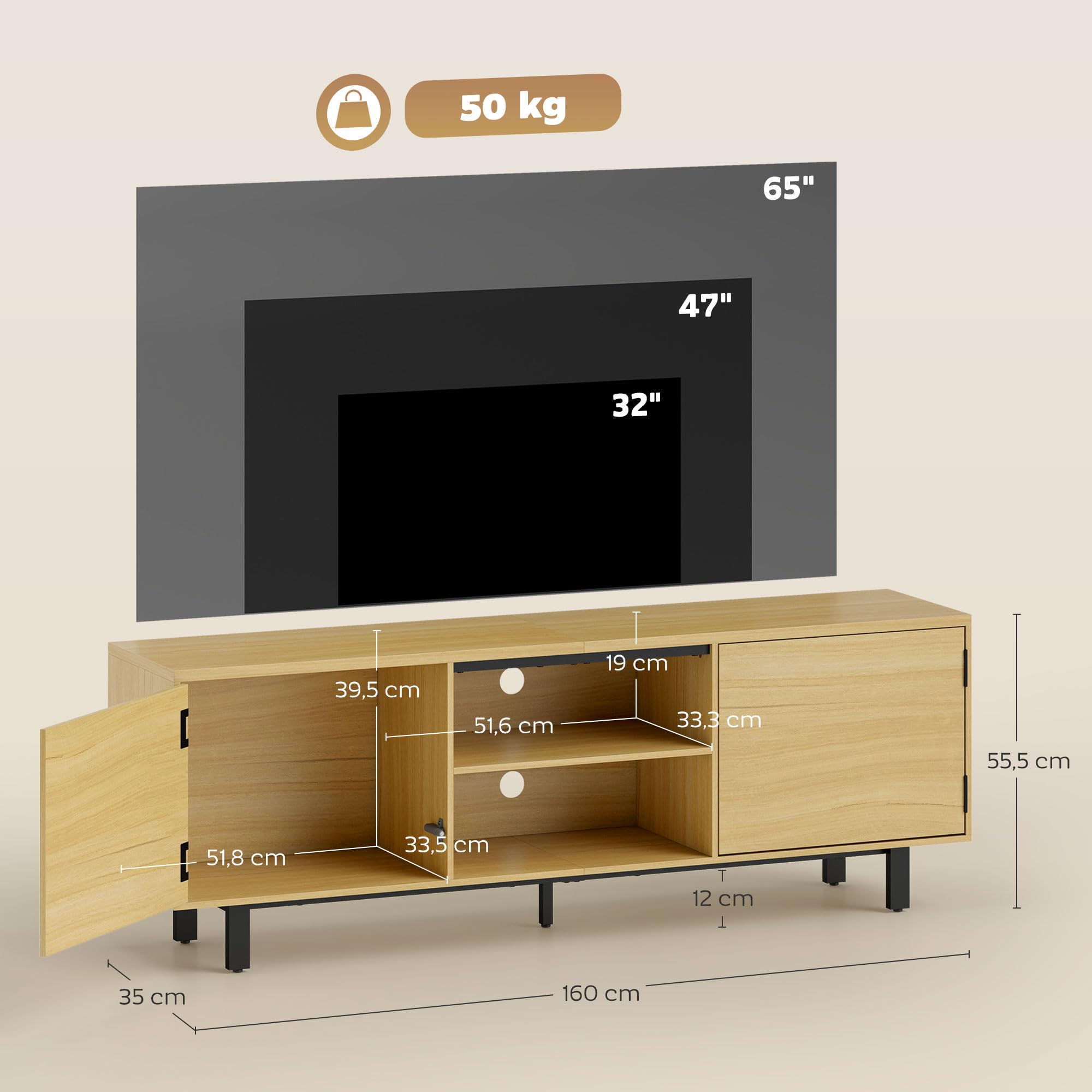 Soporte de TV HOMCOM 160 cm, soporte de TV para televisores de hasta 65" con 2 puertas y 2 estantes abiertos, patas de metal, banco de TV para salón, dormitorio, madera natural