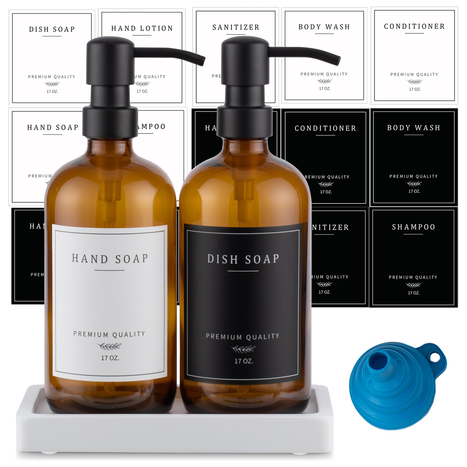 Thick Glass Soap Dispenser - Kitchen Dish Hand Soap Dispenser Set, Rustproof Pump Soap Lotion Dispenser Bathroom with Tray,14 Stickers for Kitchen