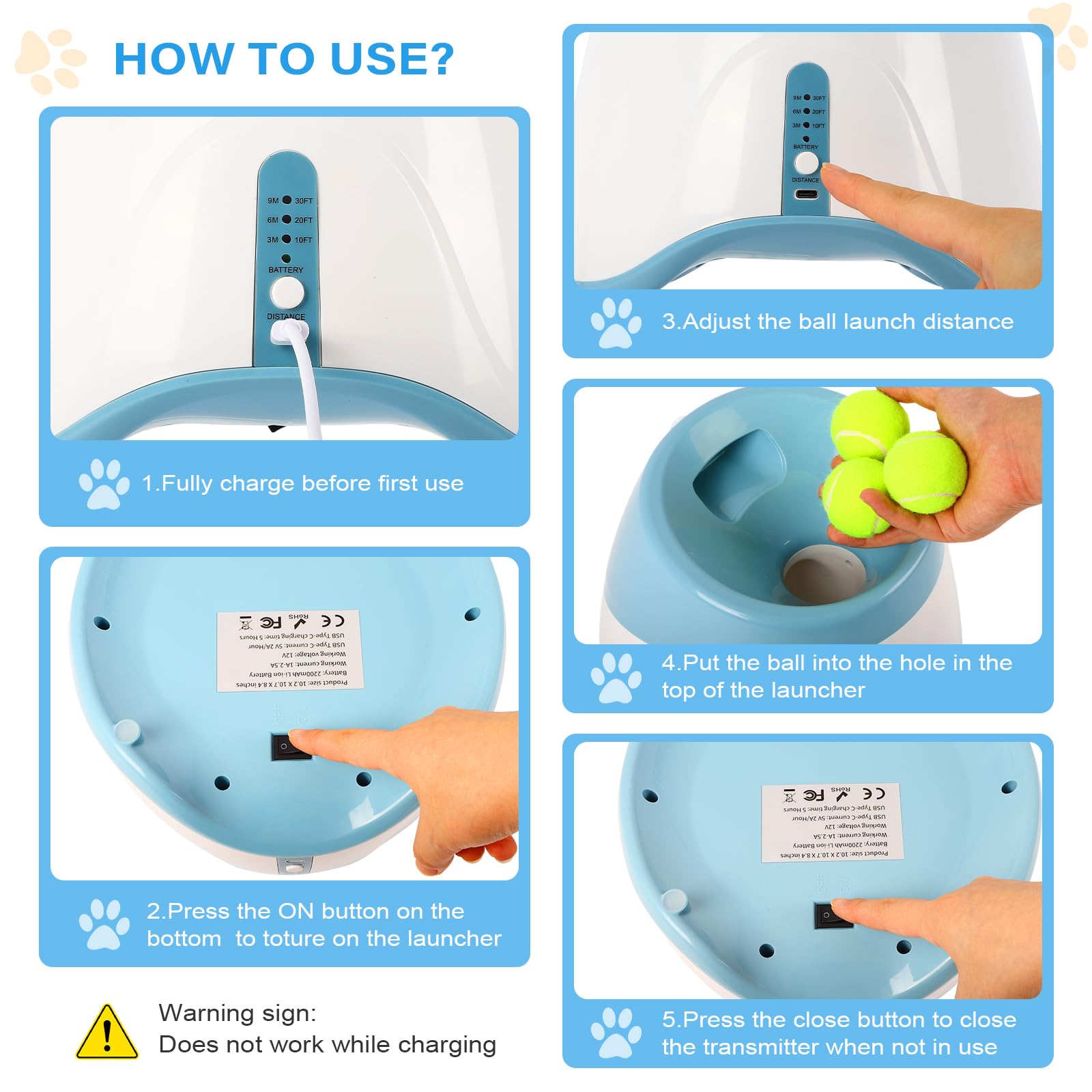 FAHKNS Automatischer Ballwerfer für kleine Hunde, interaktives Hundespielzeug für drinnen und draußen, per USB wiederaufladbar, 30-9 m, inklusive 15 Mini-Tennisbälle, Blau