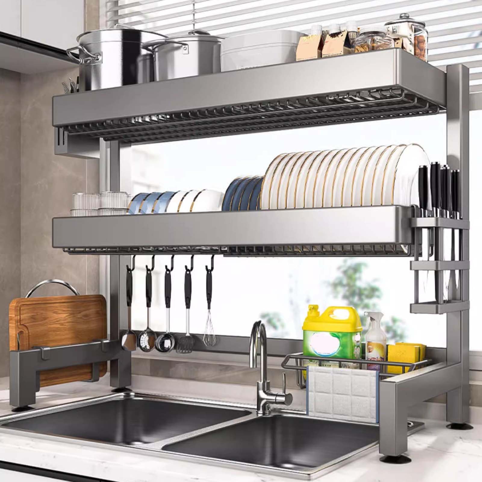 CAFIEDR Stainless Steel 2 Tier Over The Sink Dish Drying Rack Nizer Large Capacity Kitchen Dish Drainers For Counter 75X28.5X80Cm.95x28.5x80cm