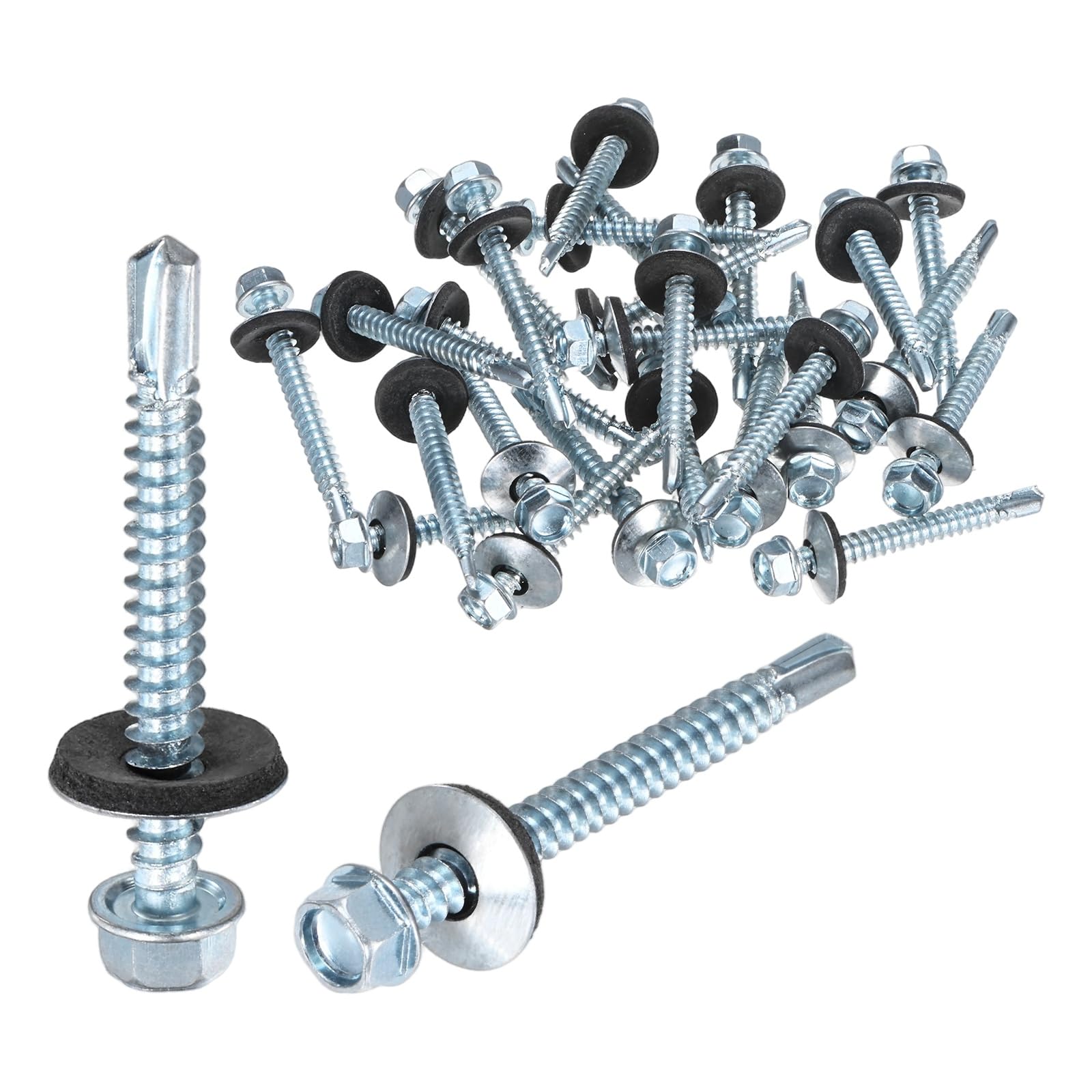 M METERXITY 25-Pack Self Drilling Screws with Rubber Washer M5.5 x 50mm Zinc Plated Carbon Steel Hex Head Self-Tapping Screws for Metal Roofing/Siding Panels/Steel Structures