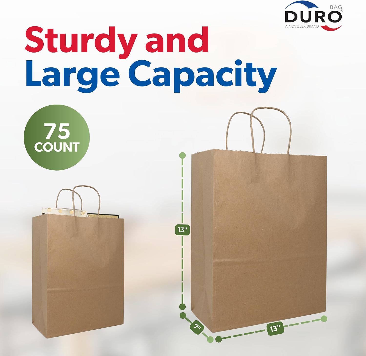 DURO Kraft Brown Gift Bags with Handles, 13x7x13 Inch, Brown Bags with Handles & Retail Gift Bag, Pack of 75 – Large Flat Bottom Design for Small Business Packaging, Takeout Orders, Parties and Events