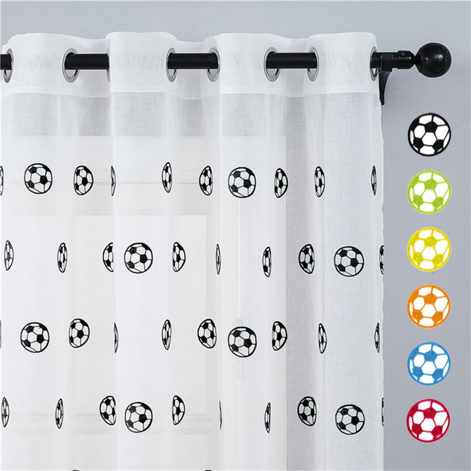2 Stück Sheer Vorhänge Lässige Vorhang Mit Ösen,Luftig Dekoschal für Wohnzimmer Schlafzimmer Stores Küche - (B132 x H138cm) Schwarz-Weiß-Fußball