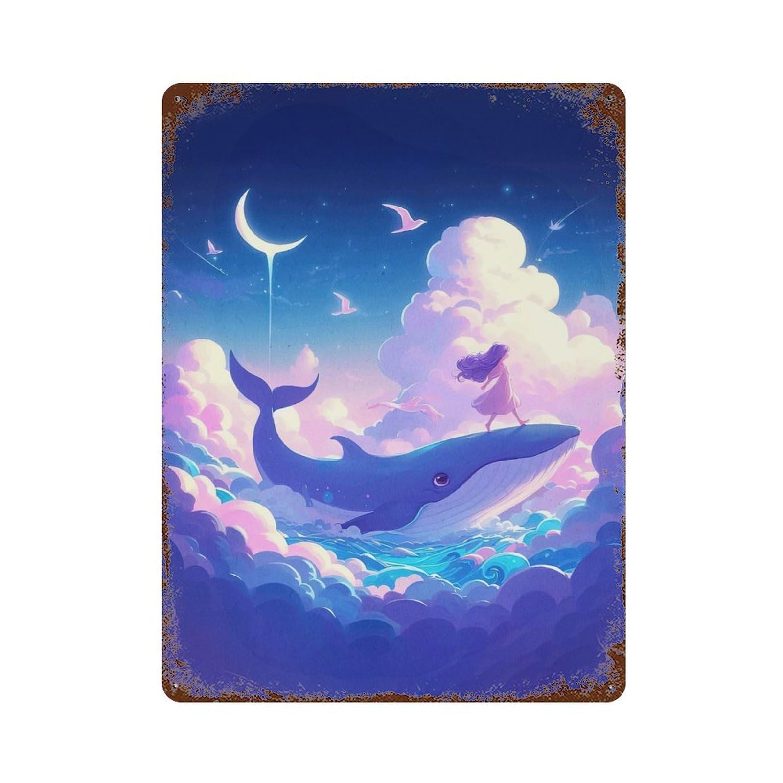 Dreamy Whale Ride Girl Vintage Wall Sign 15.7"x11.8", Rust Effect Metal Decor for Office, Studio And Wall Decor