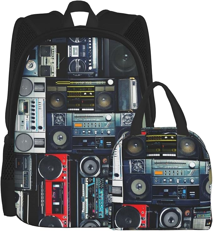 Vintage Wall Full Radio Boombox 80s Prints Backpack Set For Teen Adult