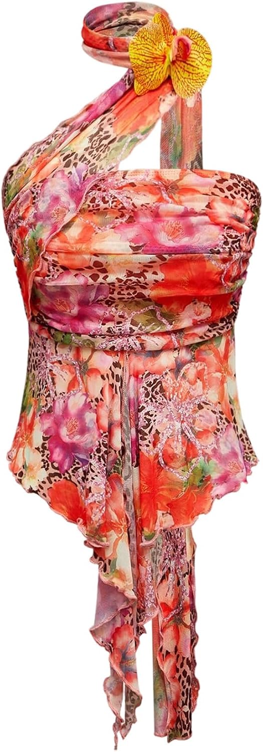 GORGLITTER Women's Halter Scarf Tube Top Y2k Tropical Mesh Floral Leopard Print Ruffle Ibiza Tops Going Out Summer Outfits