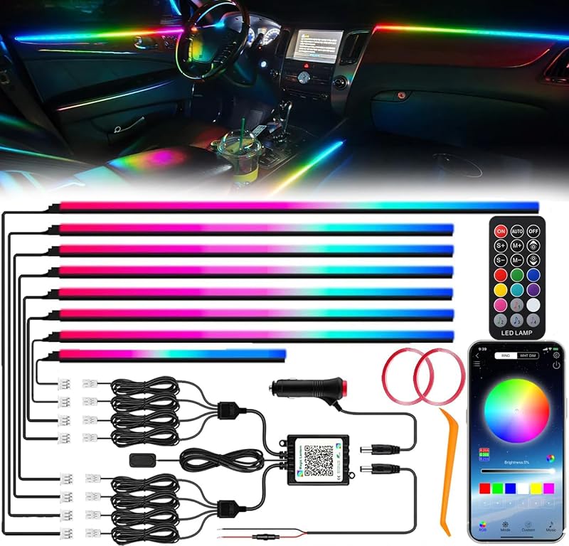 Interior Car LED Strip Lights, Acrylic LED Lights for Car with Dynamic Dreamcolor Chasing, Ambient Lighting Kits Music Sync Wireless APP and RF Remote Control (8 in 1)