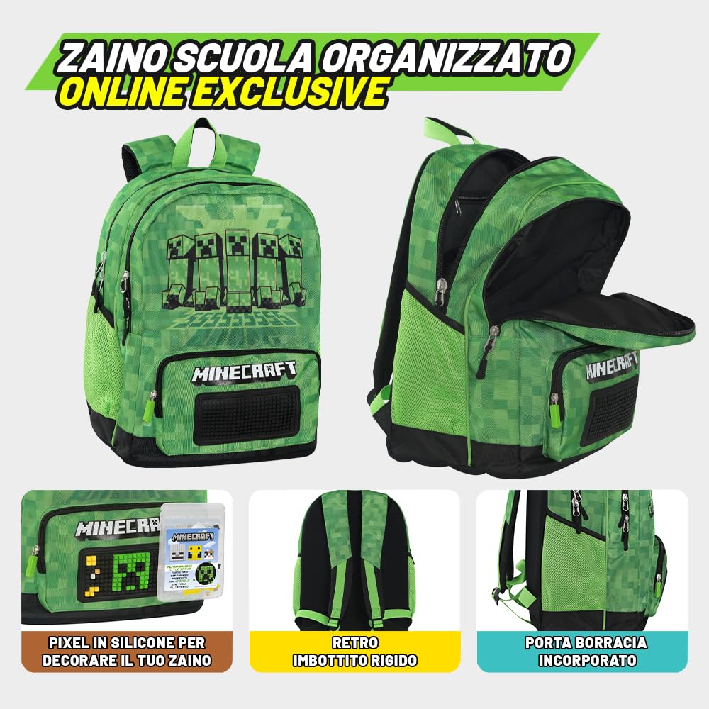 MINECRAFT Online Exclusive - Zaino Scuola Minecraft, con 2 Ampi Spazi Centrali, Tasca Frontale, Tasche Laterali in Rete, Spallacci Regolabili Imbottiti, Retro e Fondo Termoformati, 32x43Hx23cm