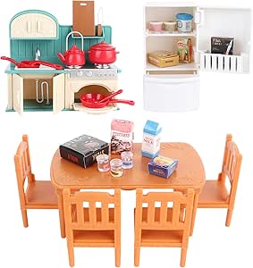 DECHOUS Mini Küchenmöbel Set Für Puppenhaus - Tisch & Stühle Mit Essenszubehör