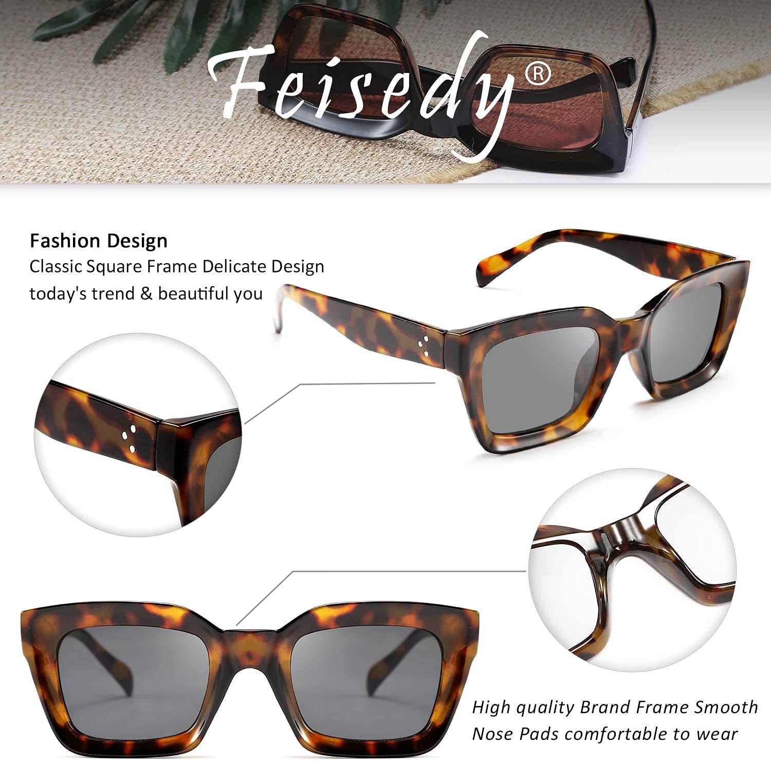 FEISEDY Vintage Classic Women Square Sunglasses Fashion Luxury UV400
