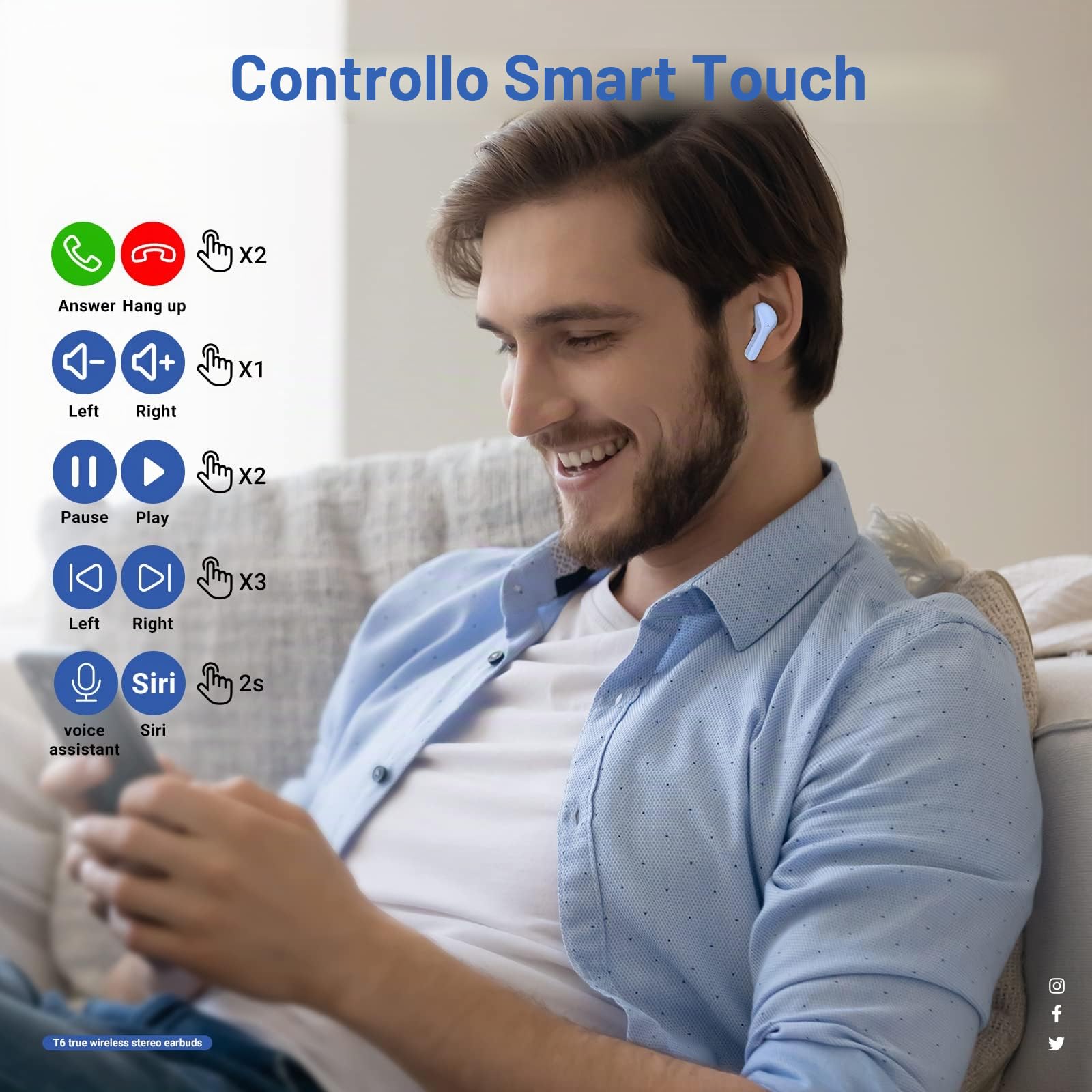 ACEFAST T6 Cuffie Bluetooth, Auricolari Bluetooth con Stereo HiFi, Cuffiette Wireless Sport Incorporato 4 HD Microfono, Auricolare Senza Filo Cancellazione Rumore, Azzurro