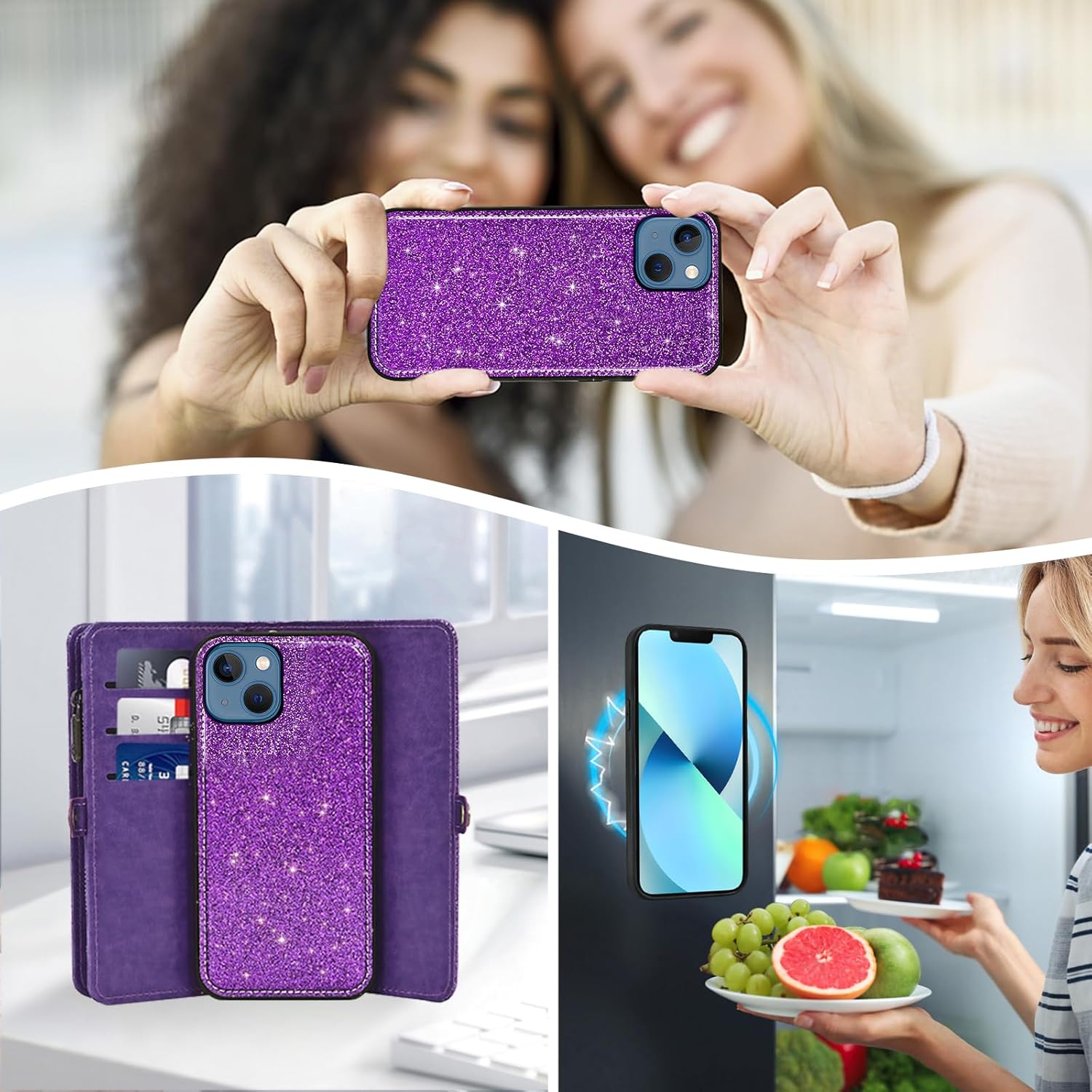 Asuwish Phone Case for iPhone 13 Mini 5.4 inch Zipper Wallet Detachable Cell Cover with Tempered Glass Screen Protector Flip Card Holder iPhone13mini i-Phone 13minicase i iPhone13 13mini Women Purple
