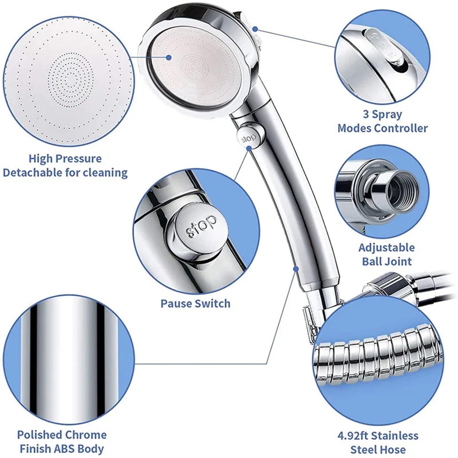 Głowica prysznicowa, Universal 3 Mode Adjustable High Pressure Rain Shower Head 2 Pcs Silver