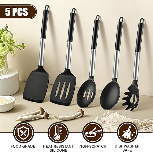 Miniatura 4 de Juego de utensilios de cocina de silicona, 5 piezas, herramientas de cocina resistentes al calor, incluye espátula sólida y ranurada, cuchara de