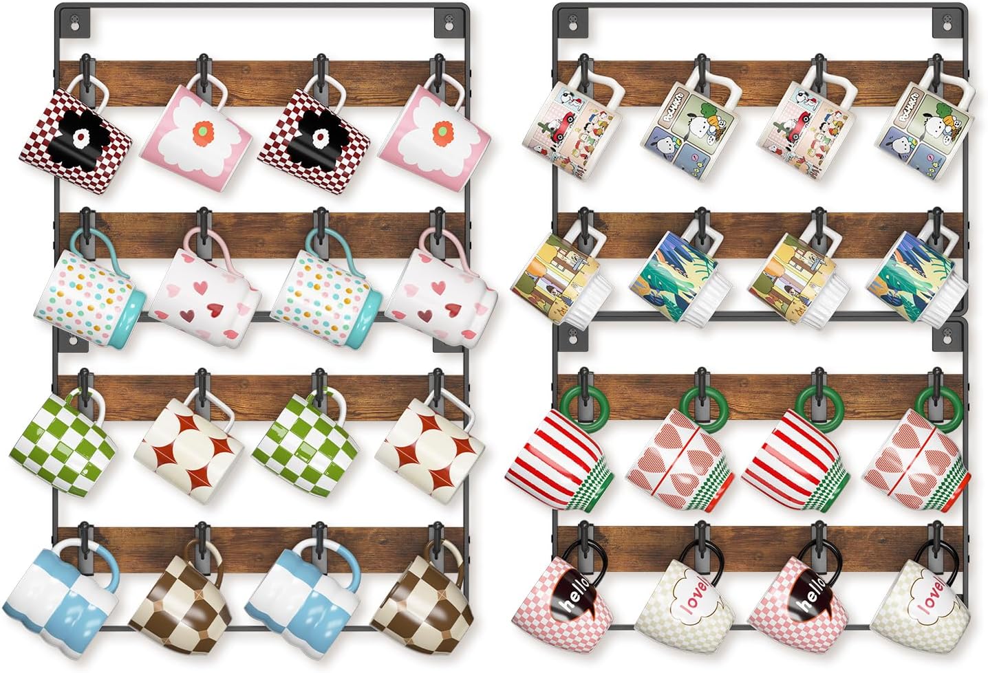 EsLuker.ly Mug Holder Hanger Rack Wall Mounted Wooden 4 Pack Coffee Cup Storage Organizer Display Shelf with 32 Movable Plastic Hooks, Ideal for Mug Collectors