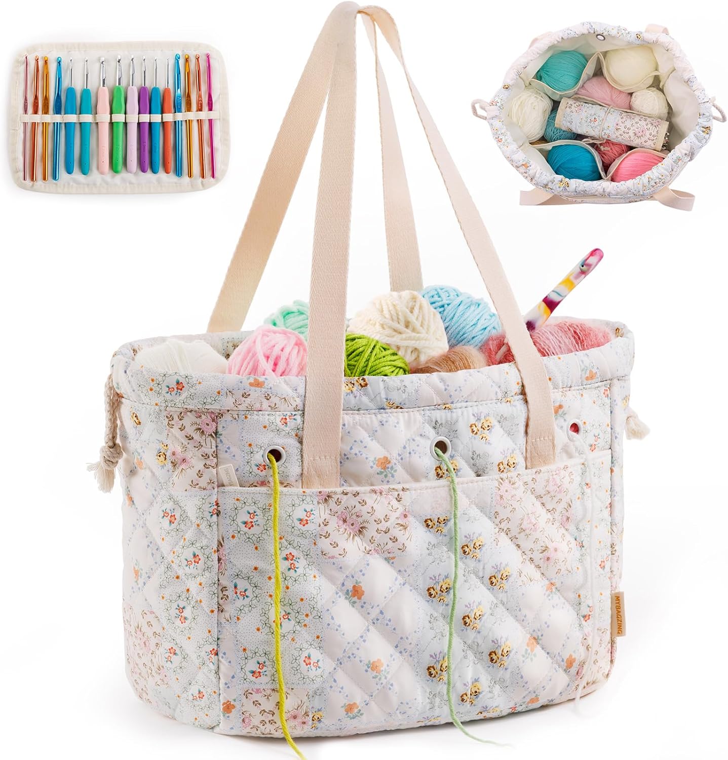 MYBAGZING Portable Crochet Bag Organizer with Crochet Hook Organizer Roll, Quilted Yarn Storage Tote with Grommets, Knitting Project Bag for Yarn & Accessories, Floral Craft Tote Gift for Crocheters