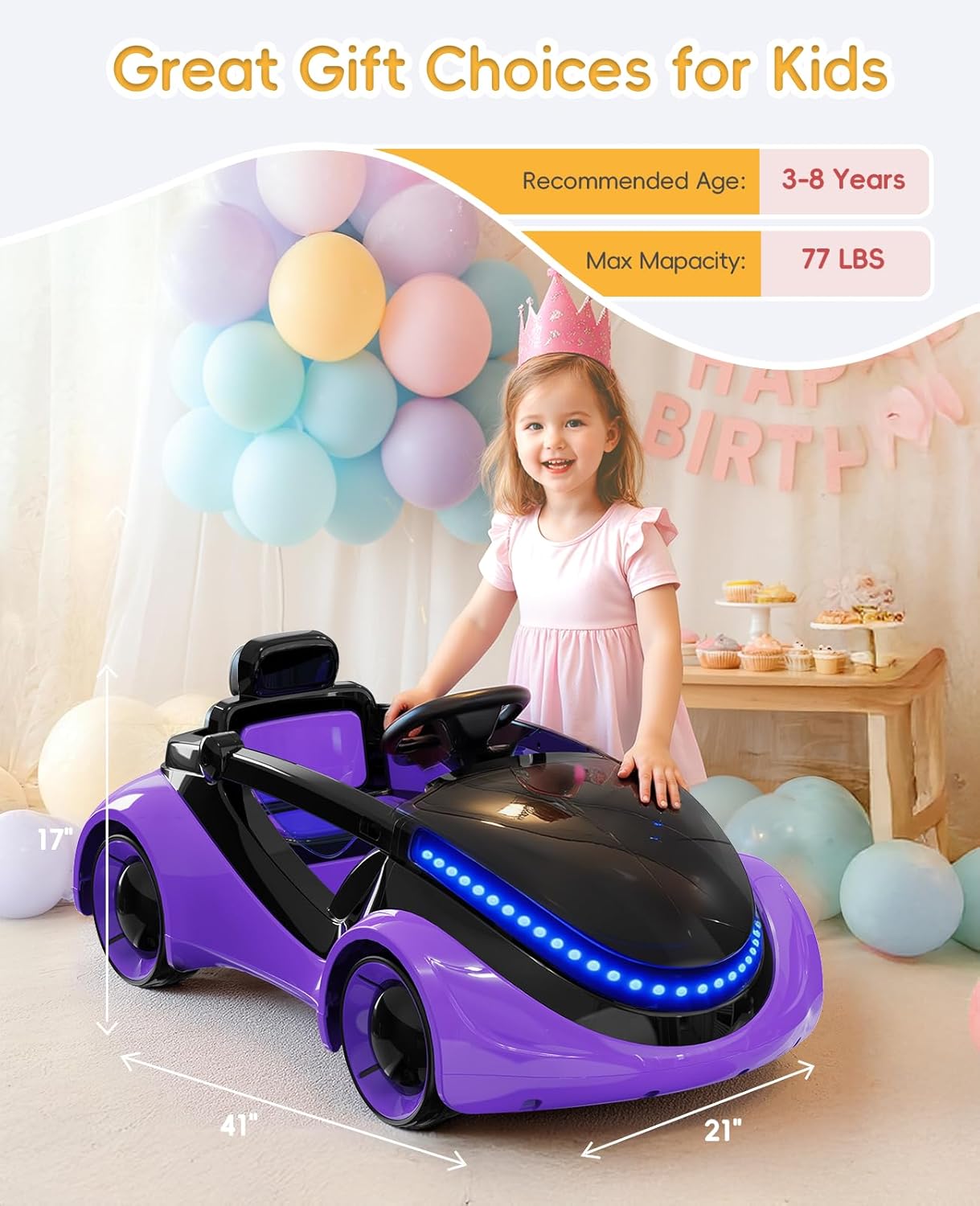 Ride On Car Truck, Ride on Toys for Kids with Parent Remote Control, Toddler Electric Car with Bluetooth, Music, LED Lights, Safety Belt, Power Wheels for Girls Purple