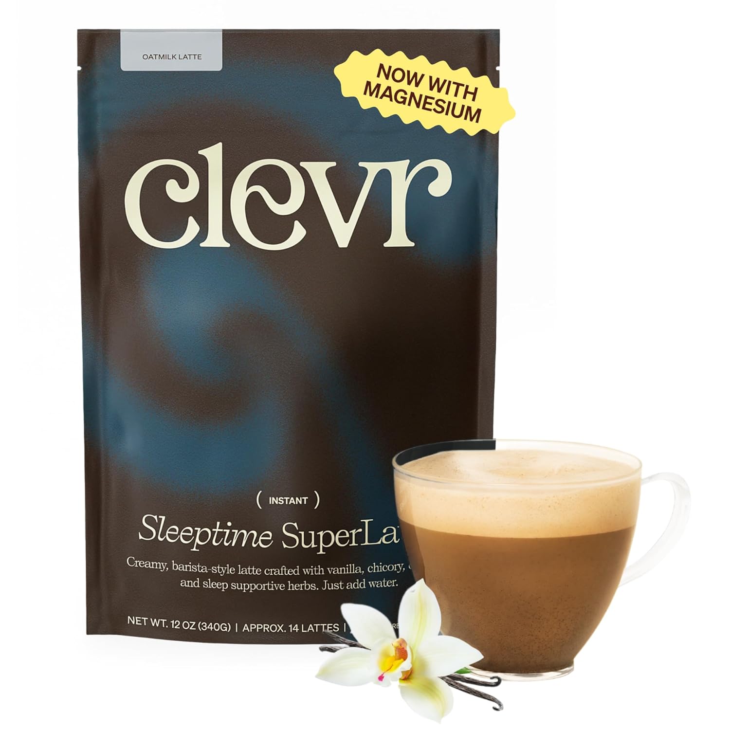 Clevr Sleeptime SuperLatte, Magnesium Sleep Drink with Ashwagandha, L-Theanine & Adaptogens, Caffeine-Free Instant Tea & Superfood Latte Powder, 14 Servings