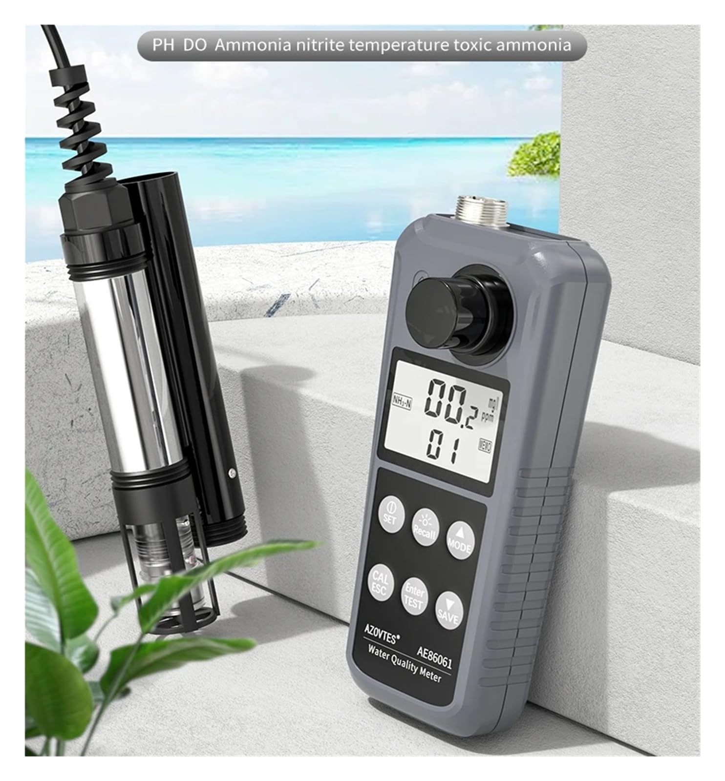 Medidor de Probador de Calidad del Agua portátil AE86061 Analizador de medida de PH de temperatura O2 disuelto con pantalla LCD Alta sensibilidad