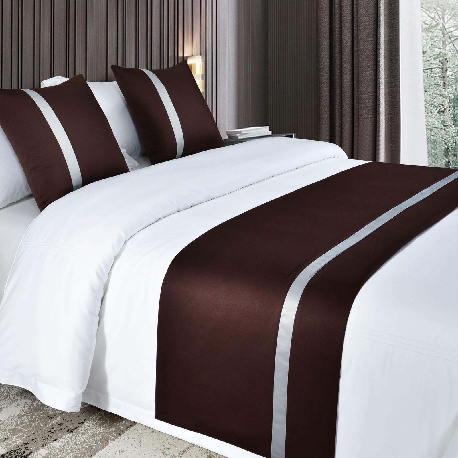 QRGMKL Silky Soft Bed Runners Solid Color Bed Scarf Bed Runner for Foot of Bed Contrast Color Bedspread Hotel Bedding Protector-Brown||210X50cm for 1.5m Bed
