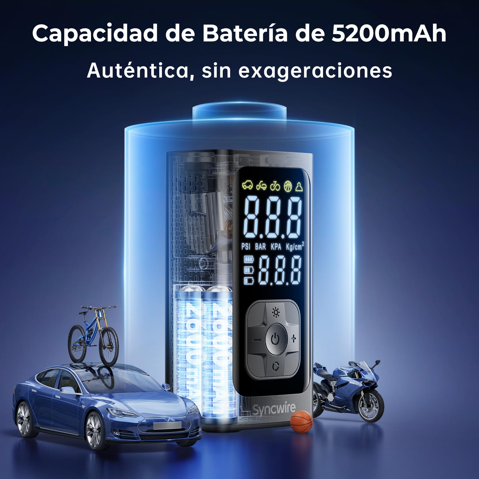 Syncwire Compresor Aire Portatil - 10.35Bar máx Inflador Electrico Compresor Aire Inflación Más rápido Bomba Aire para Coche, Motos, Bicicletas, Pelotas, con Tapas de Válvula de Neumáticos, LCD Grande