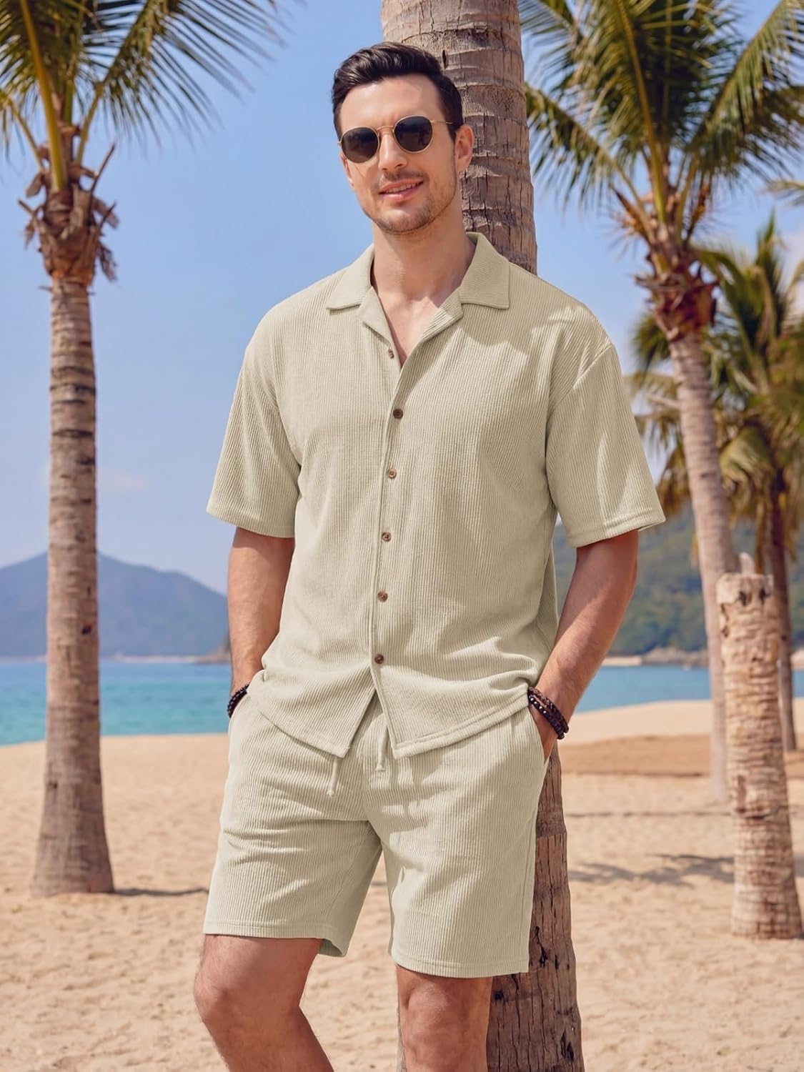 Opomelo Mens 2 Piece Vacation Outfits - Button Down Shirt and Shorts Casual Beach Outfit Textured Summer Matching Sets