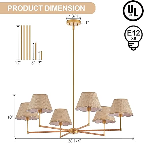Miniatura 5 de Lámpara colgante de ratán bohemio de 39 pulgadas, 6 luces, lámpara colgante industrial rústica, grande, ajustable, accesorios de iluminación para