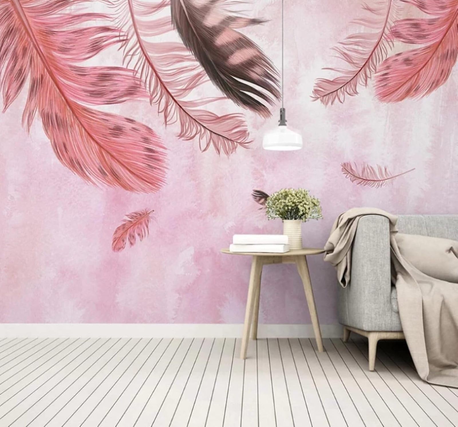 XLMING Minimalist Three Dimensional Hand Drawn Pink Feathers 3D Wallpaper Luxury Silk Study Dining Feature Sofa Grey Bedroom Living Room Tv Decorative Wall-300cm×210cm