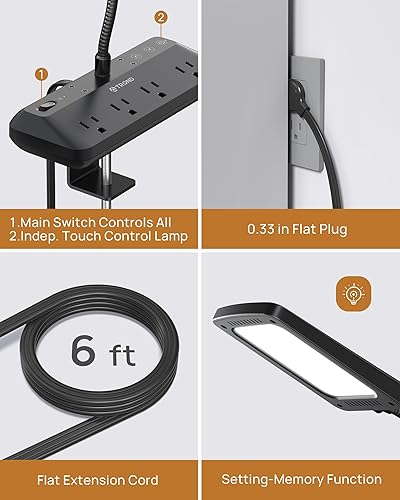 Miniatura 7 de TROND Lámpara de escritorio LED con regleta de alimentación de abrazadera, luz de escritorio para el cuidado de los ojos con 4 salidas protectoras