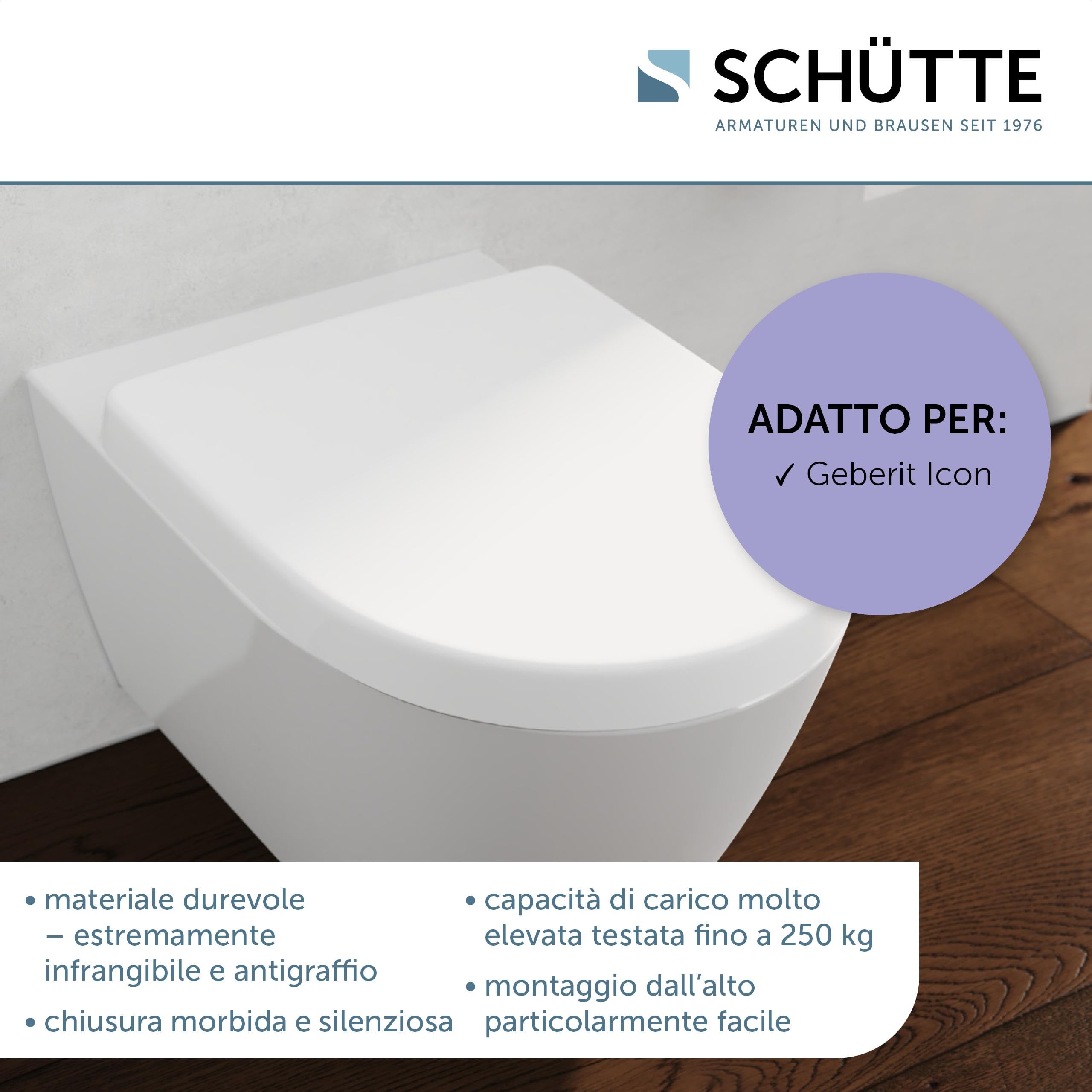 SCHÜTTE Sedile WC adatto per Geberit Icon, con abbassamento automatico, made in EU, coperchio rimovibile in termoindurente infrangibile, coperchio WC e occhiali fino a 250 kg, bianco