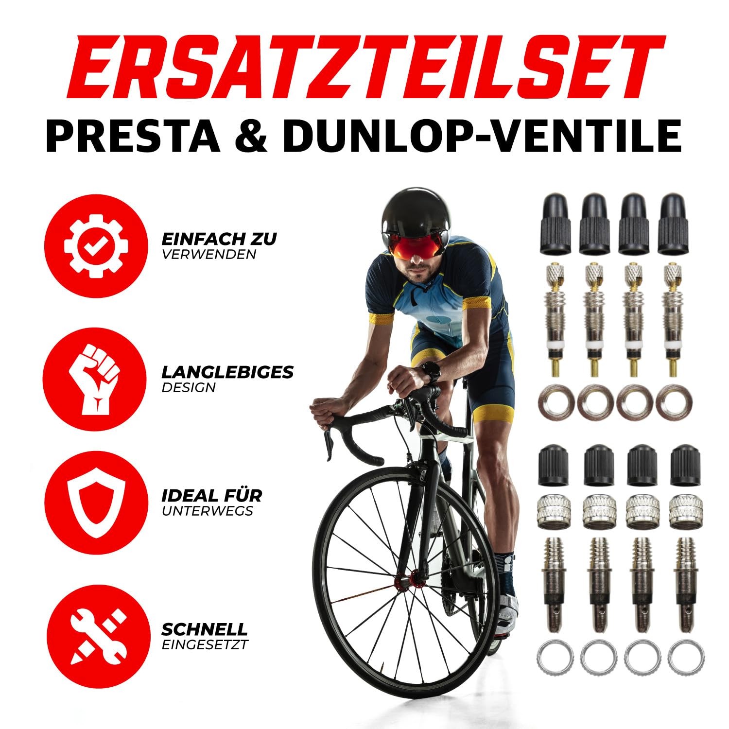 Pudełko XXL do wentyli rowerowych Presta & Dunlop, zestaw naprawczy z pudełkiem do przechowywania; zestaw zaworów błyskowych, części zamienne z akcesoriami