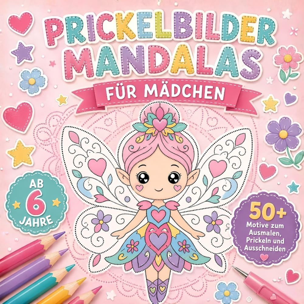 Prickelbilder Mandalas für Mädchen: 50+ Prickelvorlagen für Kinder ab 6 Jahren zum Ausmalen, Prickeln und Ausschneiden mit Feen, Einhörnern, Blumen und süßen Motiven