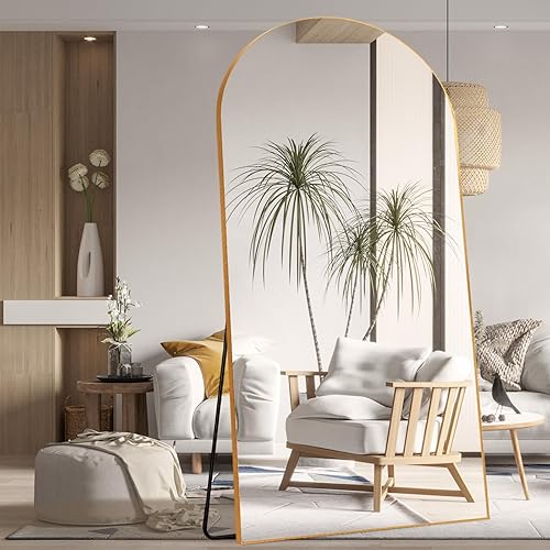 Miniatura 6 de Espejo arqueado de longitud completa, espejo de piso de gran tamaño de 76 x 34 pulgadas con soporte, espejo dorado de longitud completa, espejo de