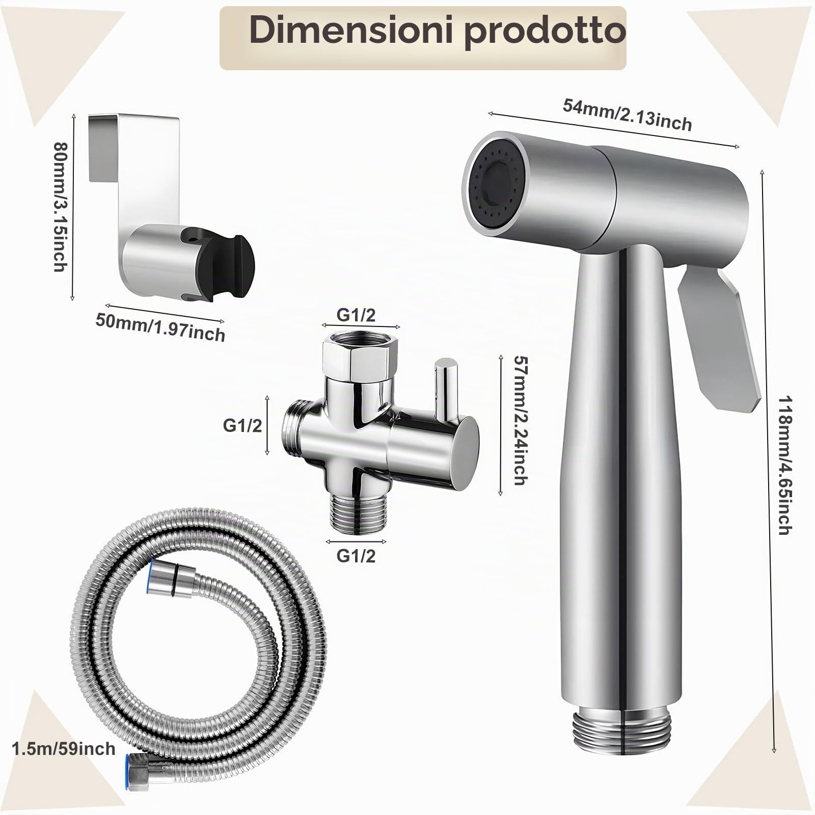 Doccetta Bidet Acciaio Inossidabile con 1.5M Tubo Flessibile e Staffa a Muro, Bidets Doccia a Mano in Acciaio Inox, Stoffa Portatile Spruzzatore Kit, Bidet Tenuto in Mano Kit per L'Igiene Personale
