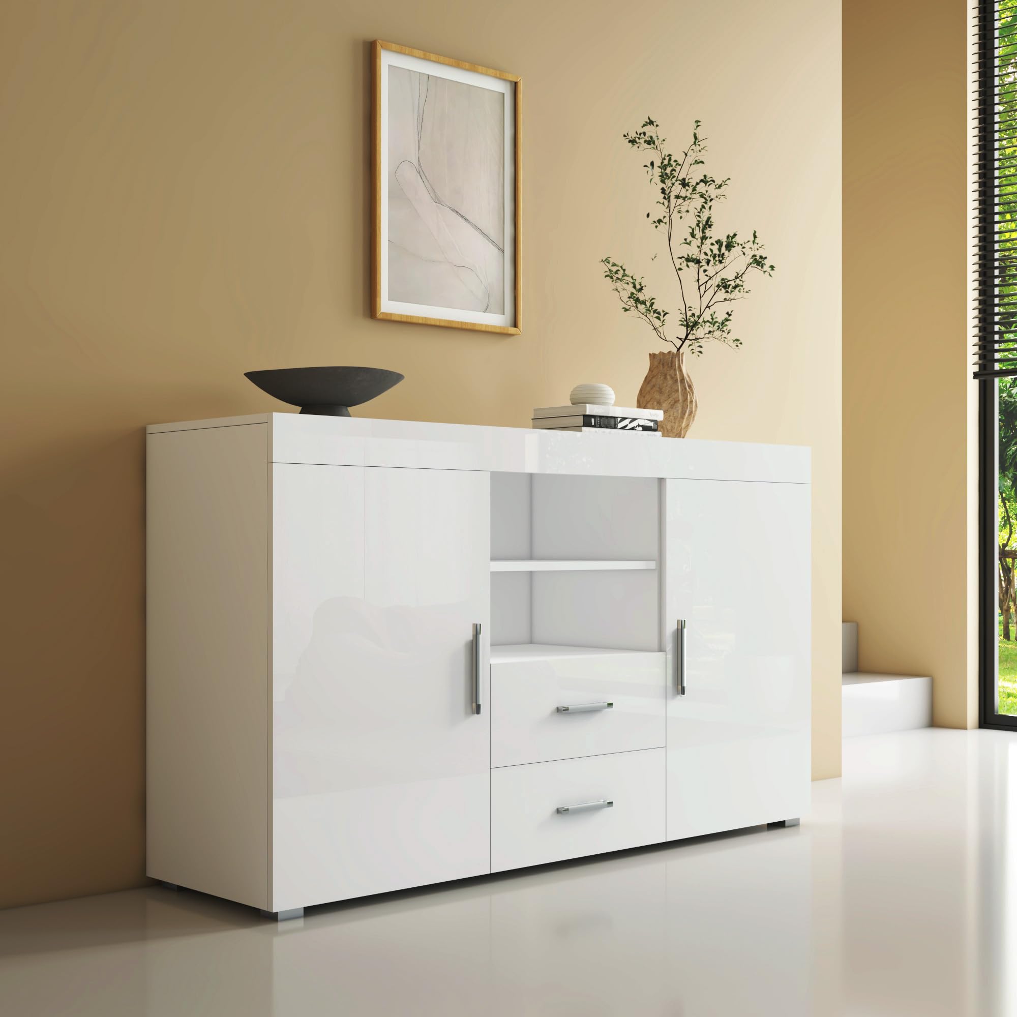 MB Muebles Bonitos | Aparador Roque | Mueble Auxiliar Moderno de Salón y Comedor con 2 Puertas, 2 Cajones y Estante | 140x82x40 cm | Melamina Brillo | Blanco