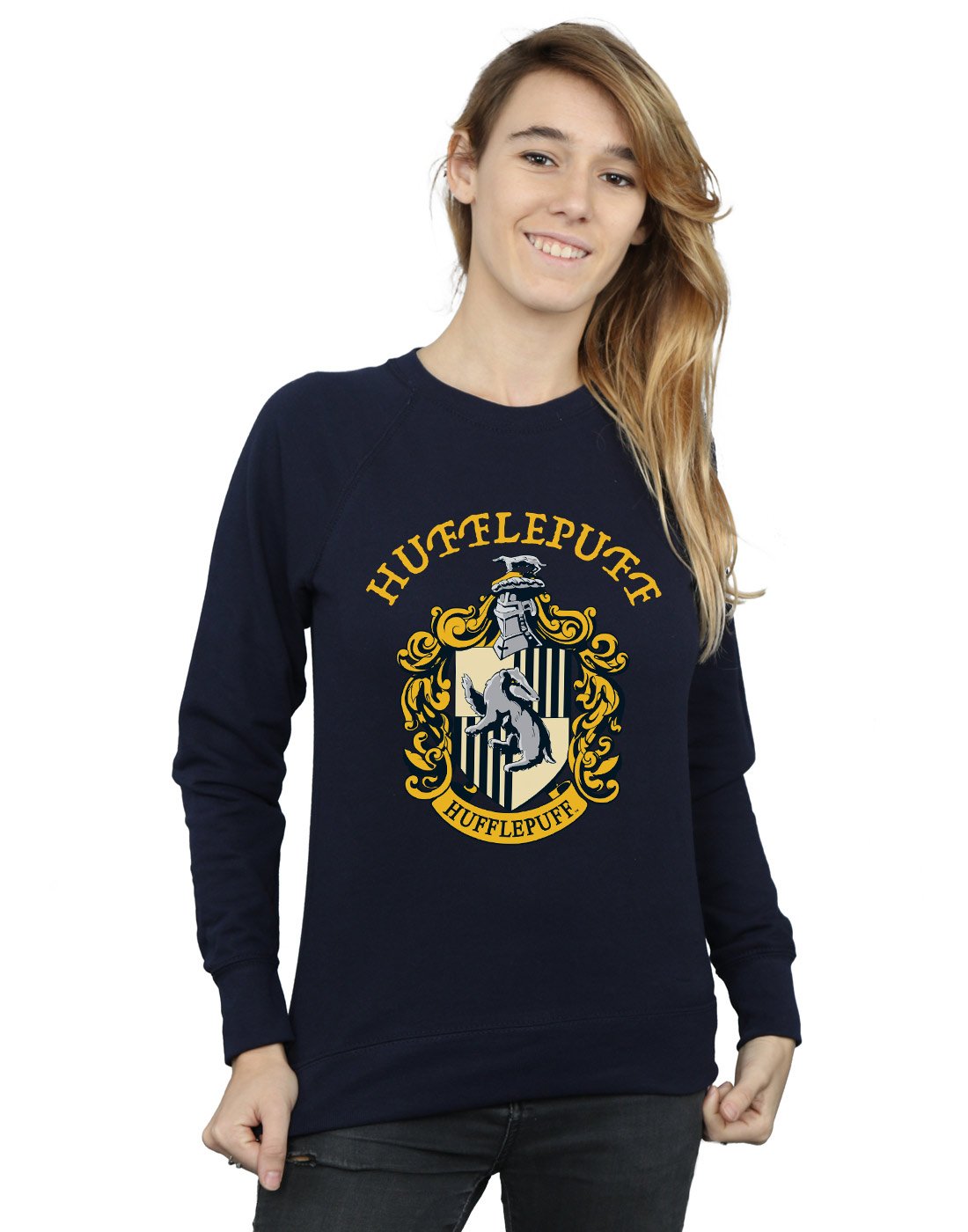 Absolute Cult Women's Navy Blue Harry Potter Hufflepuff Crest Sweatshirt Small