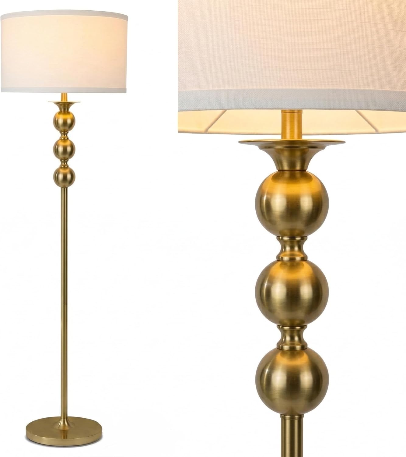 Brightech Riley 60" Floor Lamp, Elegant Modern Standing Lamp with Drum Shade, Boho Chic Mid-Century Living Room Décor, Classy, Traditional Art Deco Corner Floor Lamp for Bedroom, Office - Gold/Brass