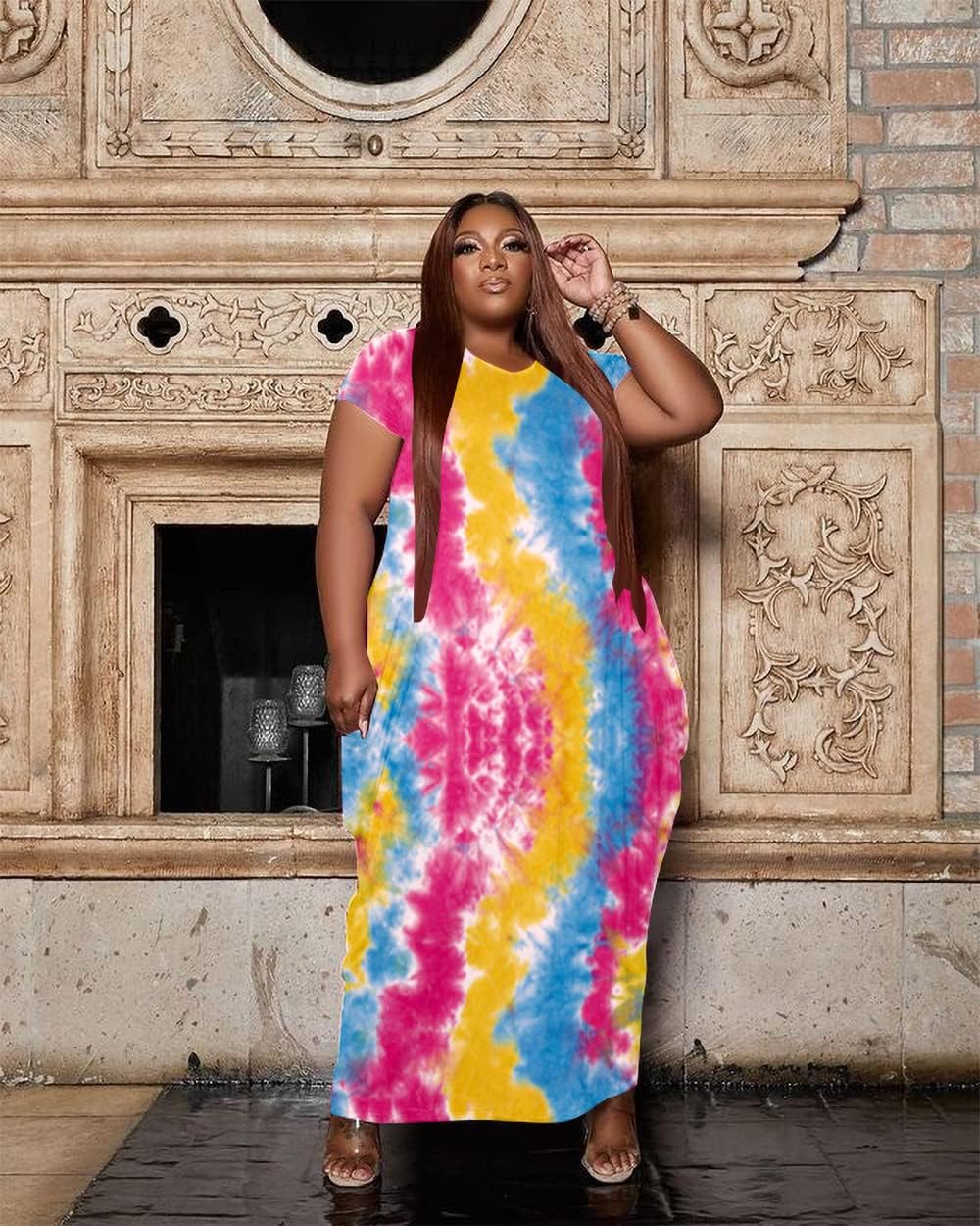 YeGine Oversize Tshirt Dress Plus Size Short Sleeve Maxi Dress with Pockets - Image 4