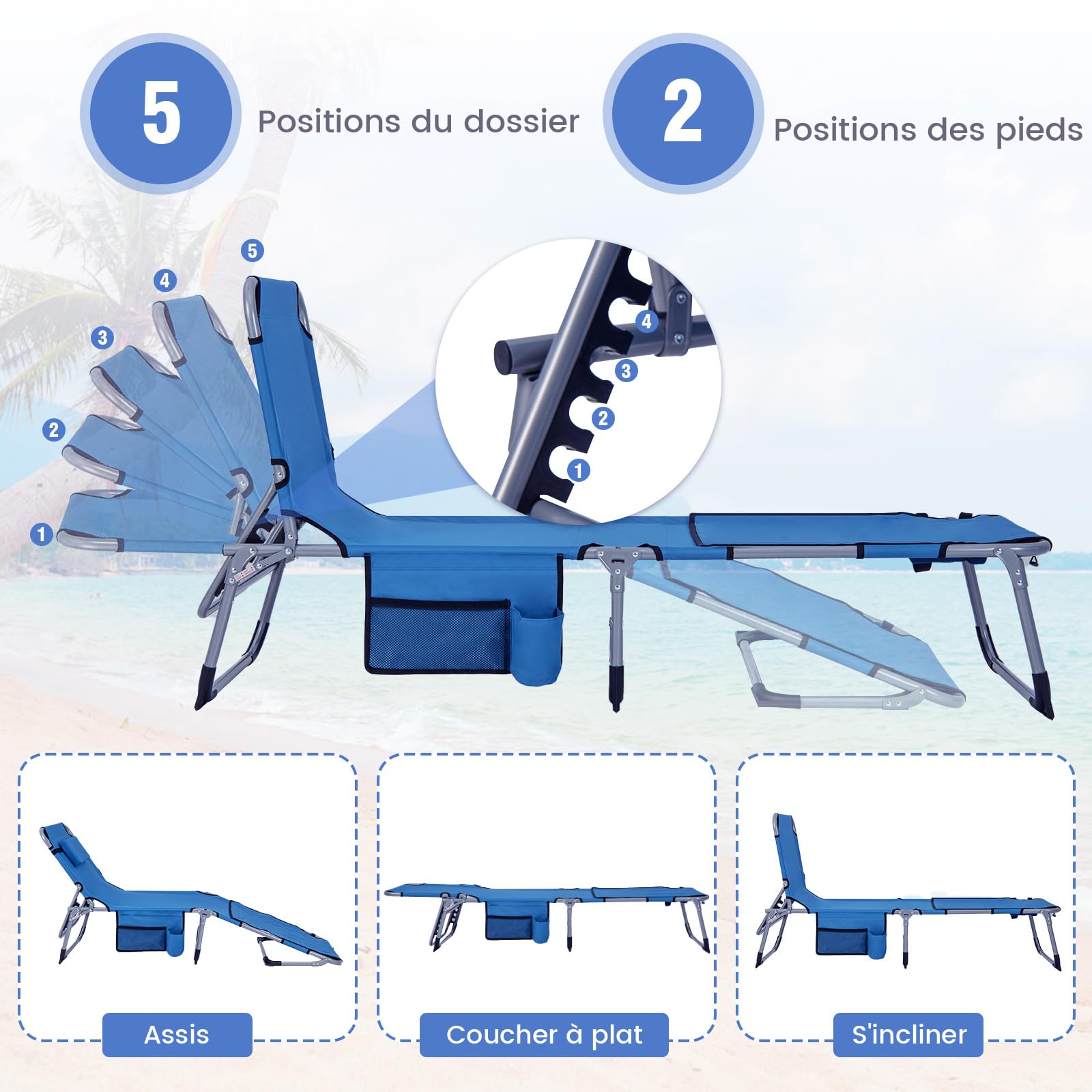 COSTWAY Bain de Soleil Pliable Inclinable à 5 Positions, Charge 150kg, Transat de Plage Pliable, Trou pour Visage, Appui-tête Amovible, Porte-gobelet et Poche, Chaise Longue pour Jardin Plage(Bleu)