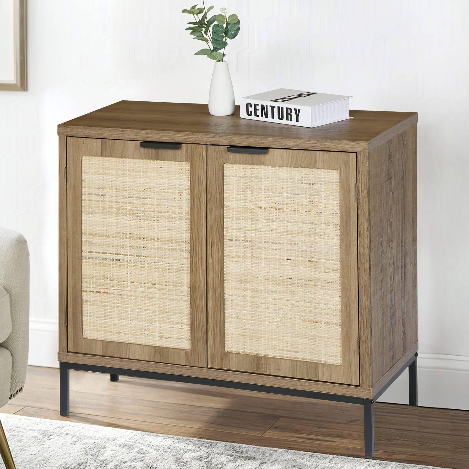 Buy Anmytek Rustic Oak Accent Storage with 2 Rattan Doors, Mid Century Natural Wood