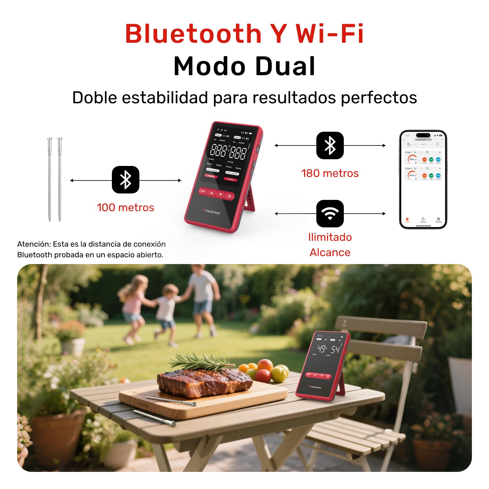 X Pro Termómetro para Carne con Bluetooth y WiFi, 2 Sondas 6 Sensores, Pantalla LED, IP69 Impermeable​, resistente al calor hasta 582°C, Termometro Carne para BBQ, Grill, Cocina, Asador